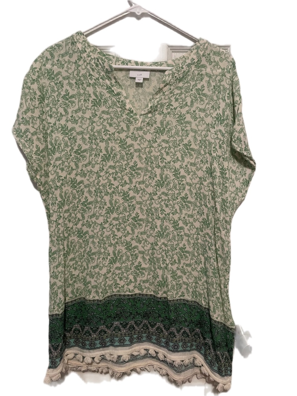 J. Jill Green and Cream Floral Border Tunic with Tassel Hem
